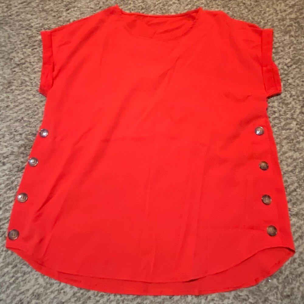 Bright Red Button-Detail Blouse